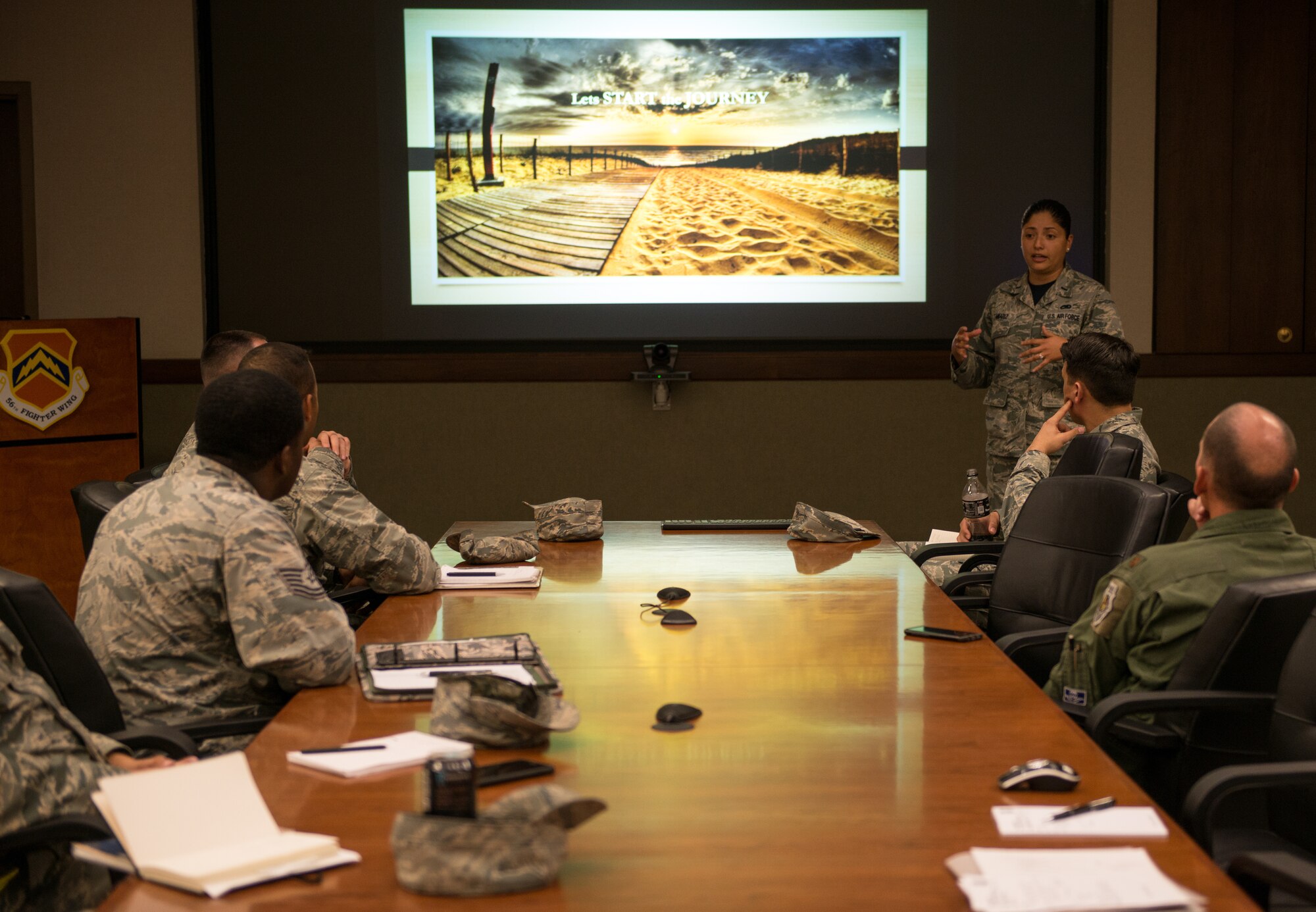 First Lt. Mariana Tamariz, 56th Fighter Wing executive officer, conducts a briefing during the Bold Operational Leadership Team class at Luke Air Force Base, Ariz., May 18, 2018. Tamariz received the Profession of Arms Center of Excellence Leadership Impact Award for her contributions in shaping the Air Force culture by impacting Airmen’s professional growth and development within the 56th FW. (U.S. Air Force photo by Airman 1st Class Alexander Cook)