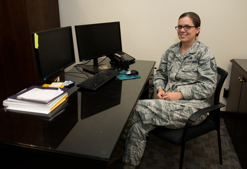 Master Sgt. Colette Roe, 56th Fighter Wing superintendent of operational excellence, poses for a portrait at Luke Air Force Base, Ariz., May 18, 2018. Roe, received the Profession of Arms Center of Excellence Leadership Award by creating a positive learning environment in teaching various leadership courses at Luke to include, Lego Leadership, Team Building Across Generations, and Bullet Writing 101. (U.S. Air Force photo by Airman 1st Class Alexander Cook)