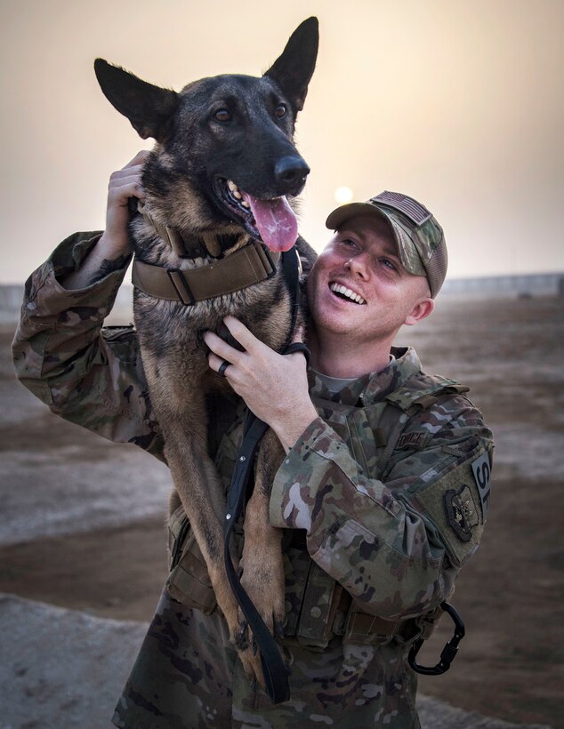 An airman and military working dog share a playful moment during a break.