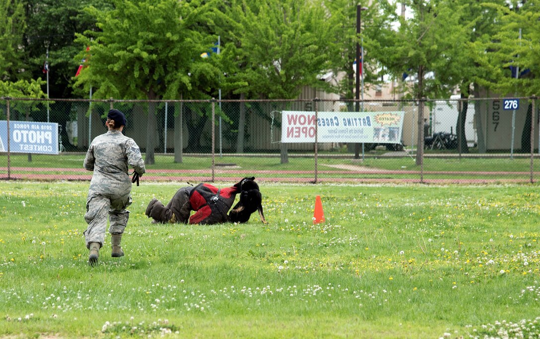 Members of the 8th Security Forces Squadron, retires a U.S. Flag during a retreat ceremony May 18, 2017, at Kunsan Air Base, Republic of Korea. The ceremony was the last official event, ending National Police Week at Kunsan. (U.S. Air Force photo by Senior Airman Colby L. Hardin)