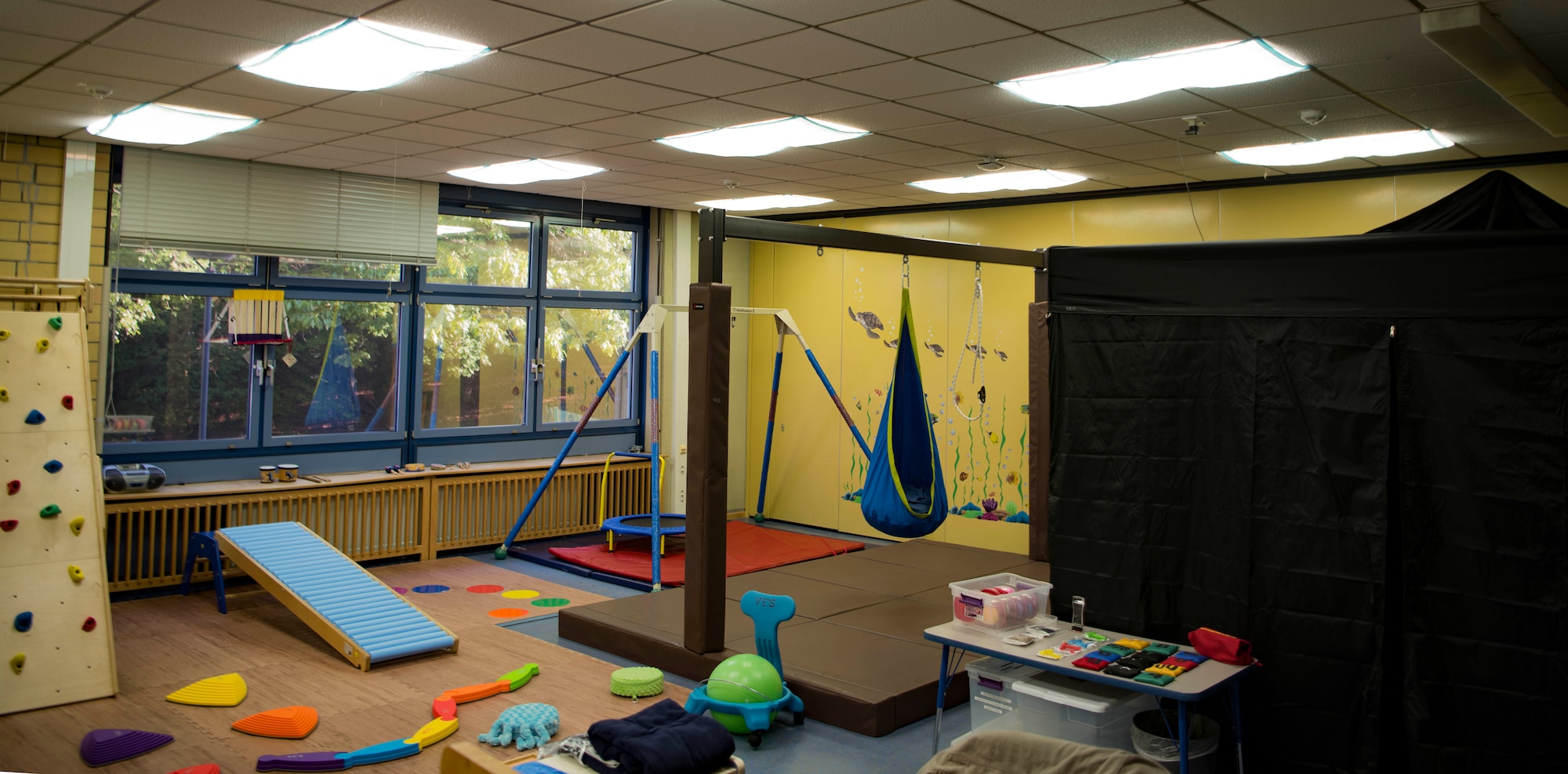 The finished sensory room on Vogelweh Elementary School on Vogelweh Military Complex, May 15, 2018. A sensory room assists with processing sensory information in children that have learning disabilities because it is a specially designed room which combines a range of stimuli to help individuals develop and engage their senses. With the completion of the sensory room, Roscoe waits for the National Advancement Team to review and verify his Eagle Scout packet before he pins on the rank of Eagle Scout.