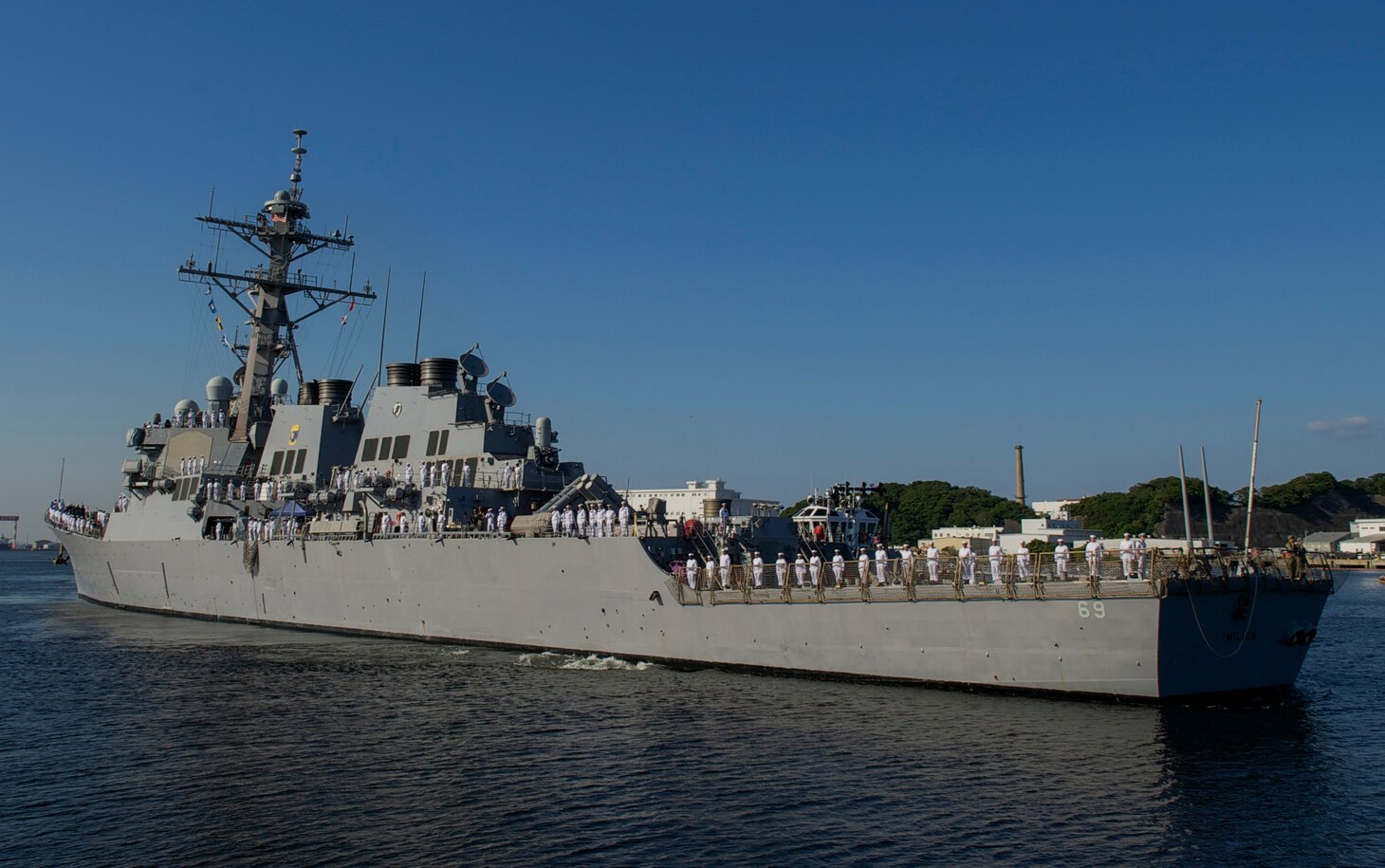 The Arleigh Burke-class guided-missile destroyer USS Milius (DDG 69) arrives at the forward-deployed port of Yokosuka, Japan, to join the 7th Fleet as part of Destroyer Squadron (DESRON) 15. Milius increases Commander, Task Force 70’s ability to promote security and stability in the Indo-Pacific region as one of the most capable ships in the Navy.