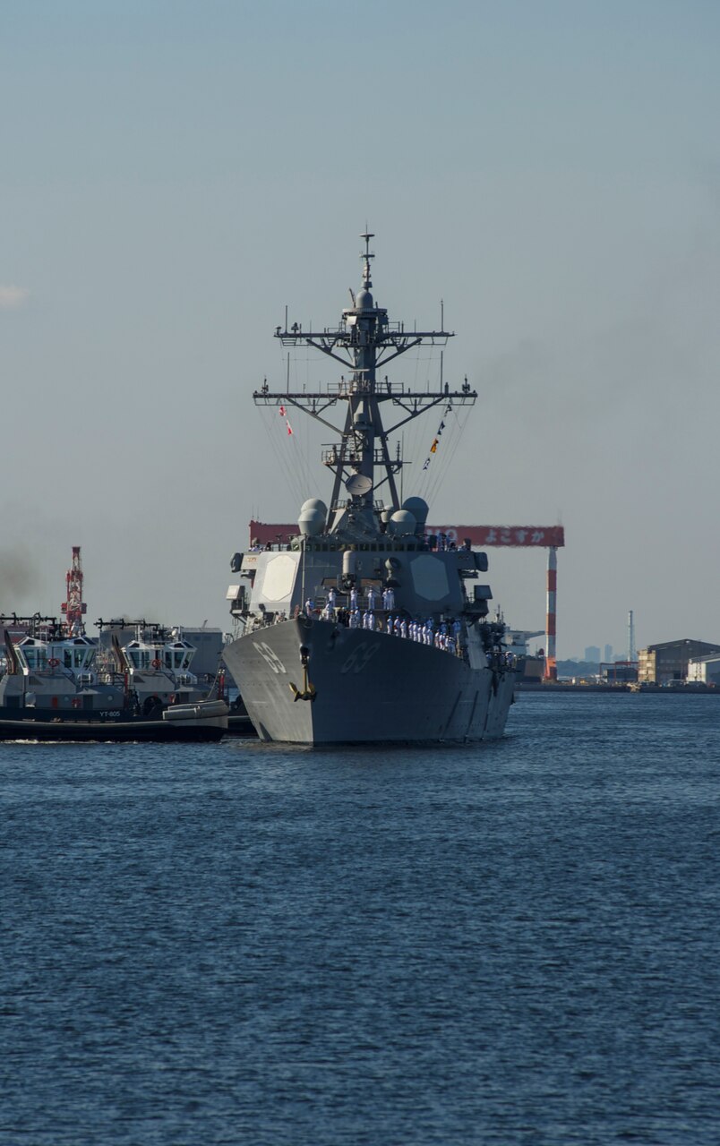 The Arleigh Burke-class guided-missile destroyer USS Milius (DDG 69) arrives at the forward-deployed port of Yokosuka, Japan, to join the 7th Fleet as part of Destroyer Squadron (DESRON) 15. Milius increases Commander, Task Force 70’s ability to promote security and stability in the Indo-Pacific region as one of the most capable ships in the Navy.