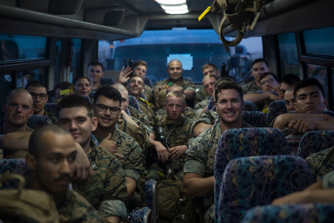 Marines with Battalion Landing Team, 2nd Battalion, 5th Marines, load onto busses headed to Camp Hansen, Okinawa, Japan, May 18, 2018. BLT 2/5 will be taking up the role as the Ground Combat Element of the 31st Marine Expeditionary Unit. The 31st MEU, the Marine Corps’ only continuously forward deployed MEU, provides a flexible force ready to perform a wide range of military operations.