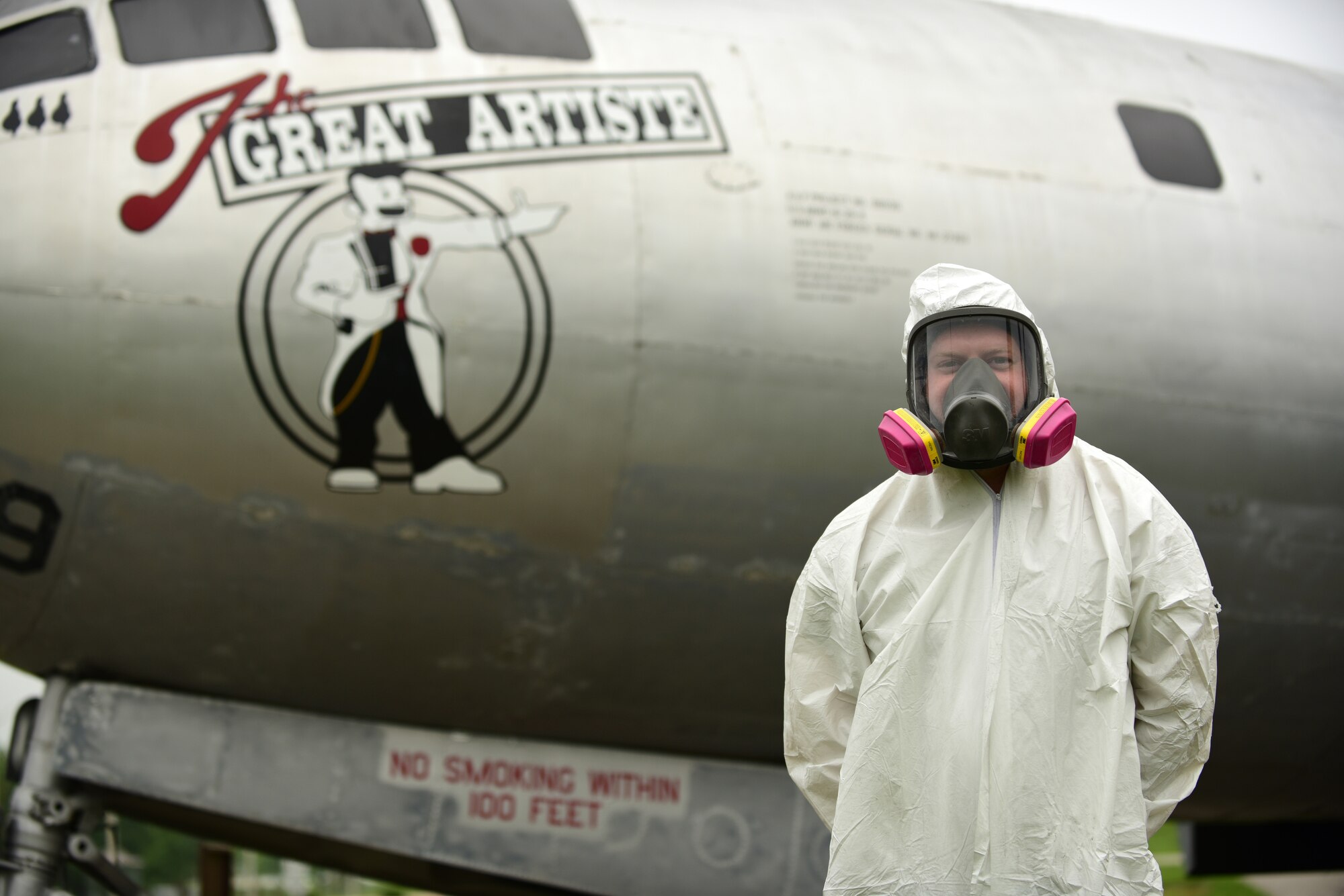 U.S. Air Force Staff Sgt. Kyle Burian, a low observable technician assigned to the 509th Maintenance Squadron, is part of the LO team refurbishing the B-29 Superfortress static display at Whiteman Air Force Base, Mo., May 21, 2018. The LO technicians refurbish static displays on a "as needed" basis in addition to their routine maintenance on the B-2 Spirits to ensure the aircraft are mission ready. (U.S. Air Force photo by Staff Sgt. Danielle Quilla)