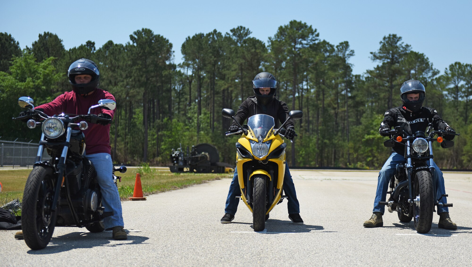 Team Shaw members prepare to start their riding portion of the Basic Riders Course (BRC) on Shaw Air Force Base, S.C., May 10, 2018.