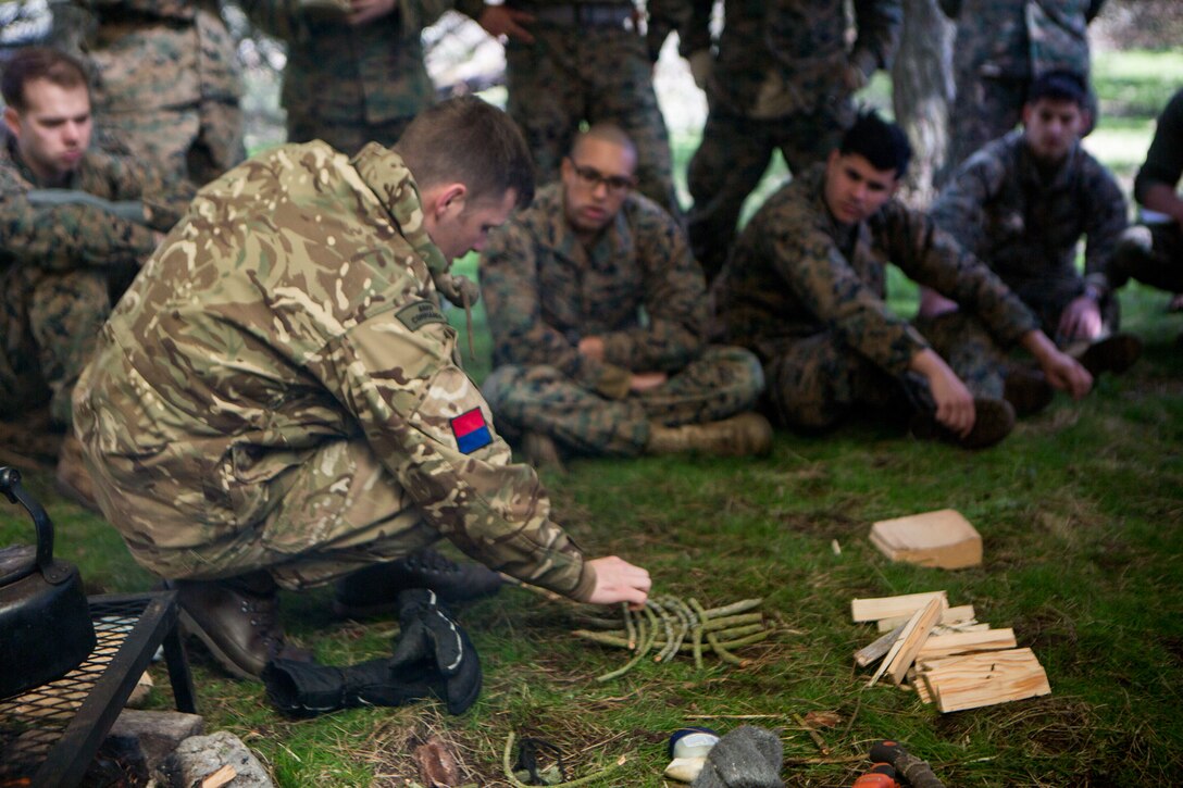 British Army Staff Sgt. Steven Kelly, survival instructor with 29th Commando Regiment, Artillery Battery, shows Marines with 4th Air Naval Gunfire Liaison Company, Force Headquarters Group, how to properly set a fire with wood found in the wilderness, in Durness, Scotland, April 26, 2018.