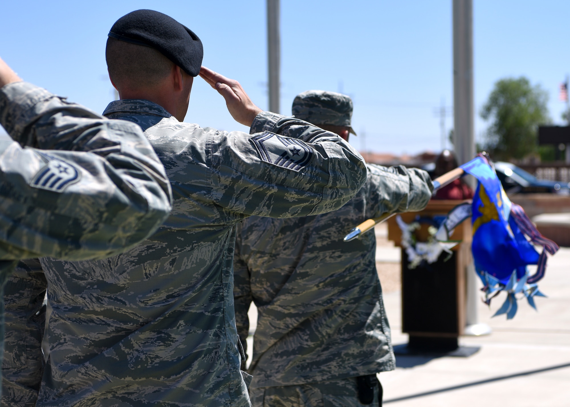 Security Forces members salute during ceremony.