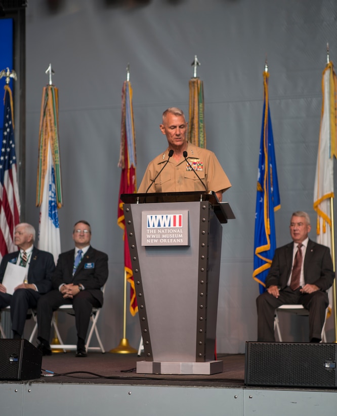 Lt. Gen. Rex C. McMillian, commander of Marine Forces Reserve and Marine Forces North, speaks to the guests and service members during the Mayor’s Community Service Award at the World War II Museum in New Orleans, May 19, 2018.