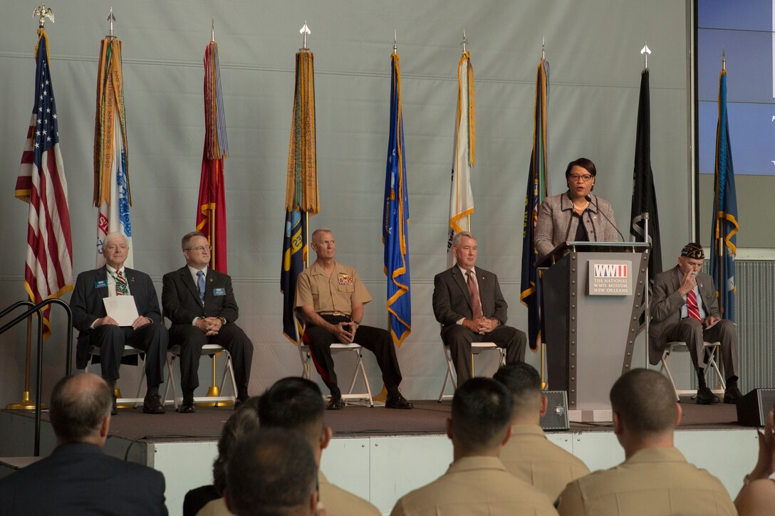 LaToya Cantrell, Mayor of New Orleans, speaks to the guests and service members during the Mayor’s Community Service Award at the World War II Museum in New Orleans, May 19, 2018.