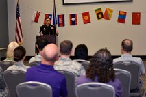 U.S. Army Lt. Col. Yukio Kuniyuki, 344th Military Intelligence Battalion commander, speaks during the Asian American and Pacific Islander heritage event at the Event Center on Goodfellow Air Force Base, Texas, May 18, 2018. Kuniyuki shared his experiences as a person of Asian heritage in the U.S. military. (U.S. Air Force photo by Senior Airman Randall Moose/Released)