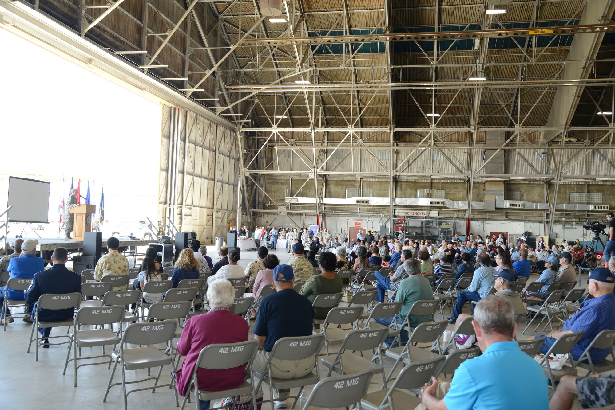 Brig. Gen. Carl Schaefer, 412th Test Wing commander, thanked veterans and family members for their service at the 2018 Military Retiree Appreciation Day May 19. (U.S. Air Force photo by Laura Motes)