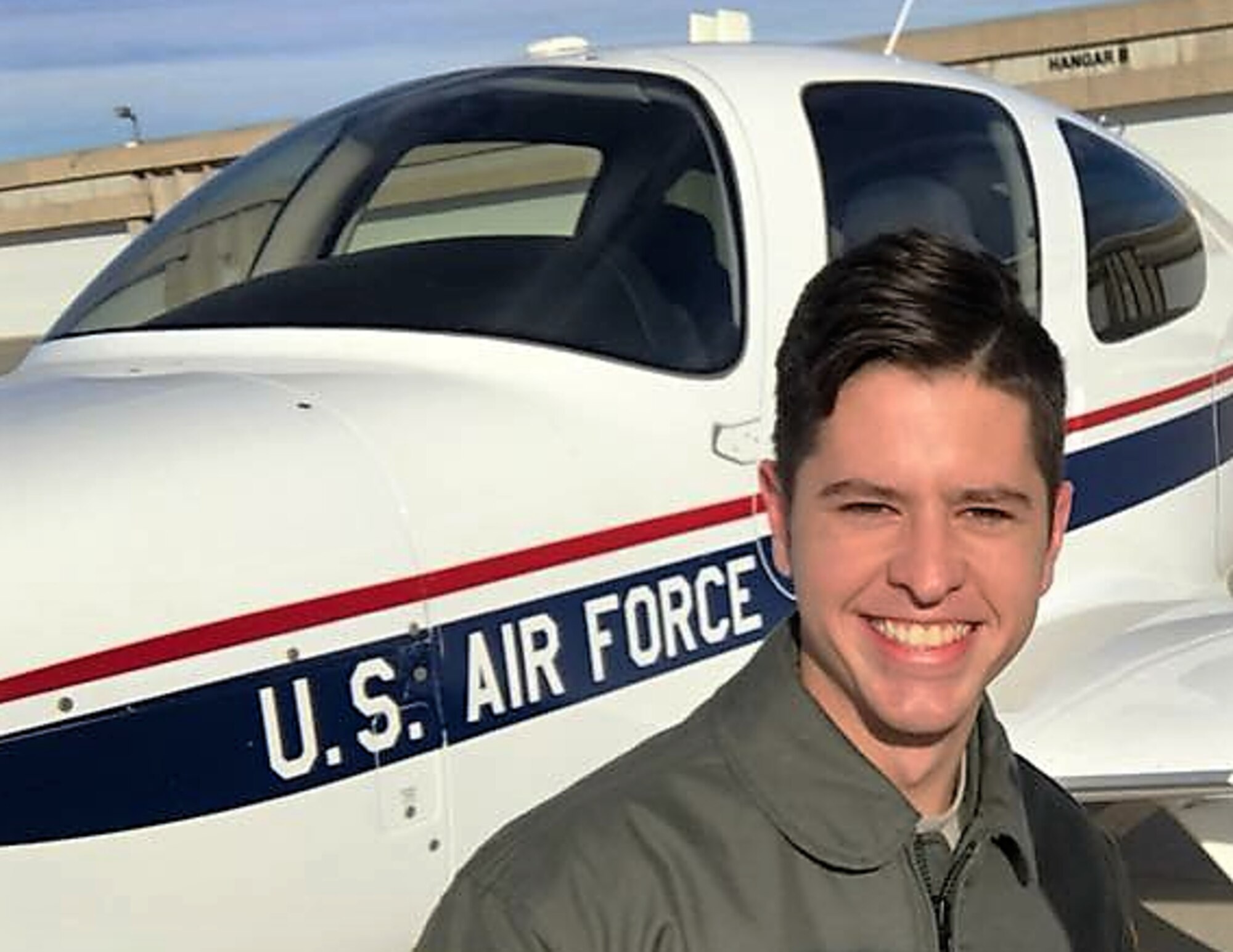 Cadet 2nd Class Joseph Mull celebrates his solo flight in the T-53A - celebrating with him and capturing the moment was his cadet sponsor Maj. Sean O’Malley, 70th Flying Training Group, and 557th Flying Training Squadron Chief of Pilot Instructor Training. (U.S. Air Force photos courtesy of the O’Malley family).