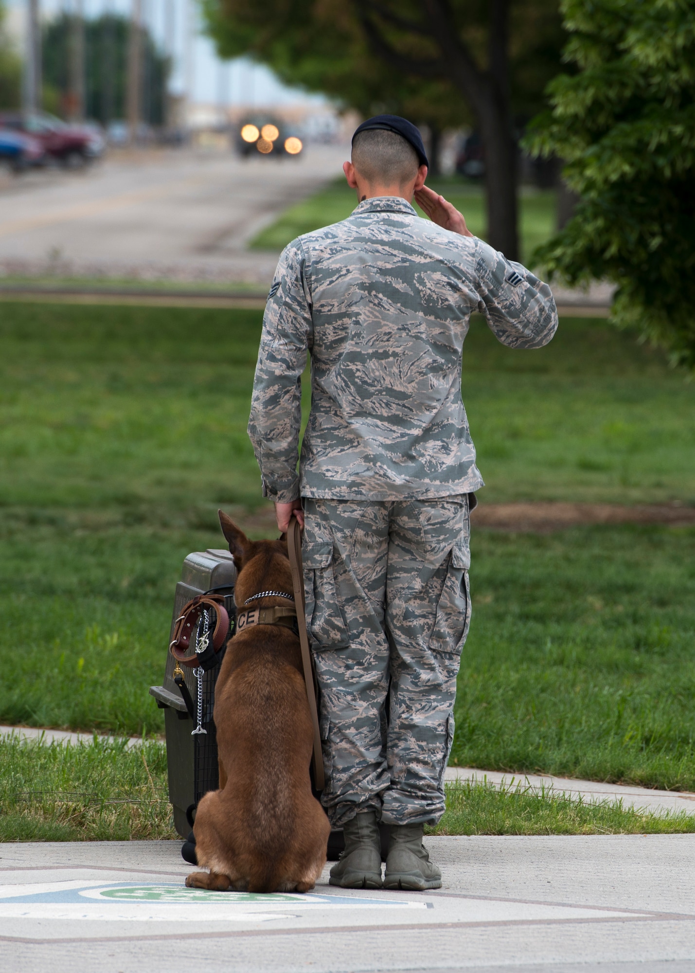 Senior Airman Kyle Maddox, 366th Security Forces Squadron military working dog trainer, and Military Working Dog Xxanthe, salute an empty kennel honoring all military working dogs who have lost their lives serving in the military, May 18, 2018, at Mountain Home Air Force Base, Idaho. The final guard mount honored law enforcement who have lost their lives in the line of duty and the 14 defenders who have fallen since 9/11. (U.S. Air Force Photo by Airman 1st Class JaNae Capuno)