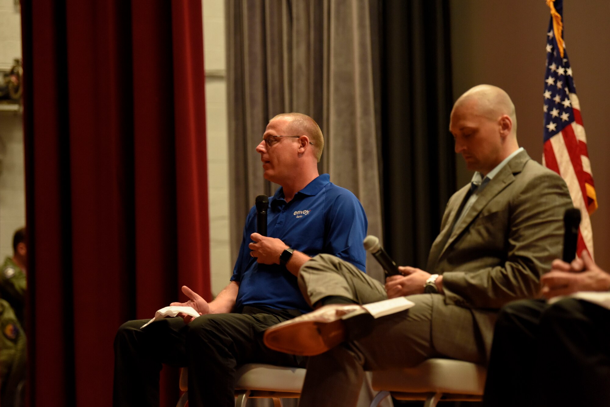 Brian Minnick, Envoy Airlines safety director, answers a question May 18, 2018, during an operational safety review day panel discussion at Dover Air Force Base, Del. Together Airmen and the panel discussed ways to identify and stop potential mishaps before they occur. (U.S. Air Force photo by Airman 1st Class Zoe M. Wockenfuss)