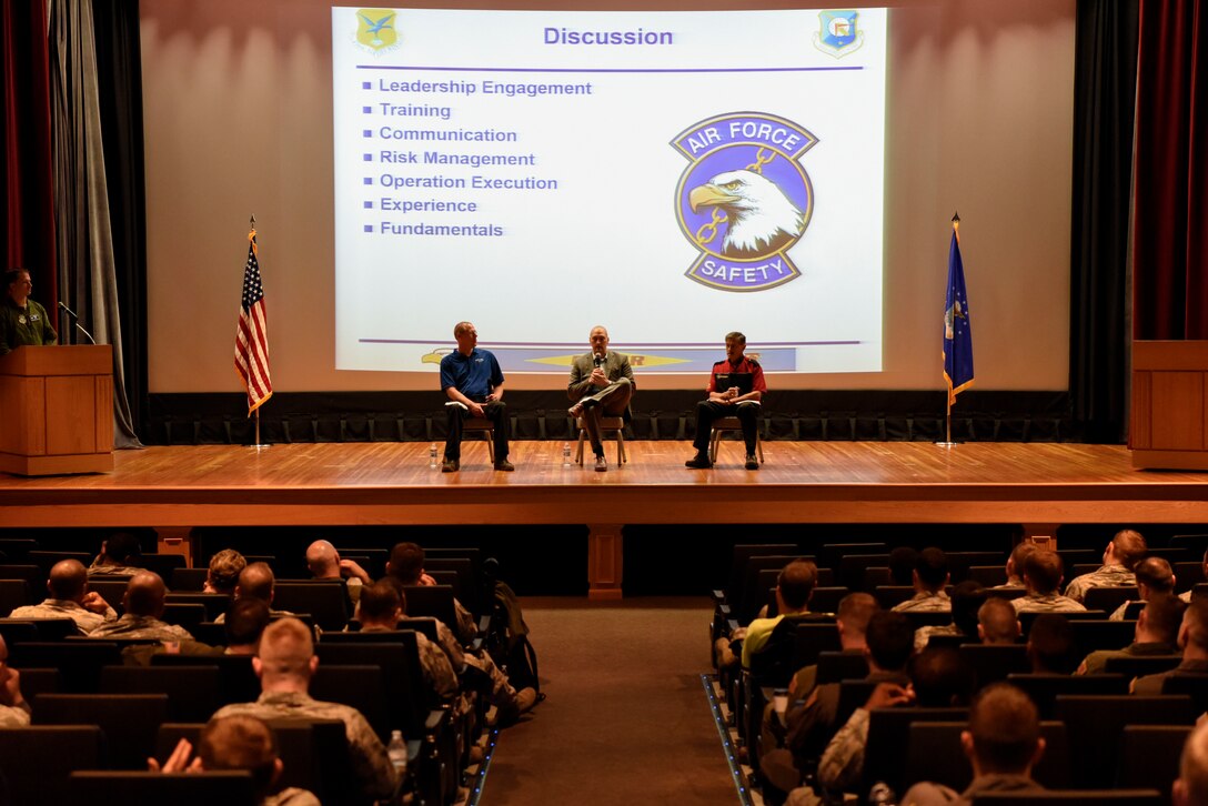 From left, Brian Minnick, Envoy Airlines safety director, Tim Lomakin, Dumount Charter Air director of operations, and Kerry Hitt, TransAm Racing Series car owner and driver, participate in a panel discussion May 18, 2018, during an operational safety review day at Dover Air Force Base, Del. Team Dover invited these civilian sector safety experts to get a corporate perspective on safety. (U.S. Air Force photo by Airman 1st Class Zoe M. Wockenfuss)