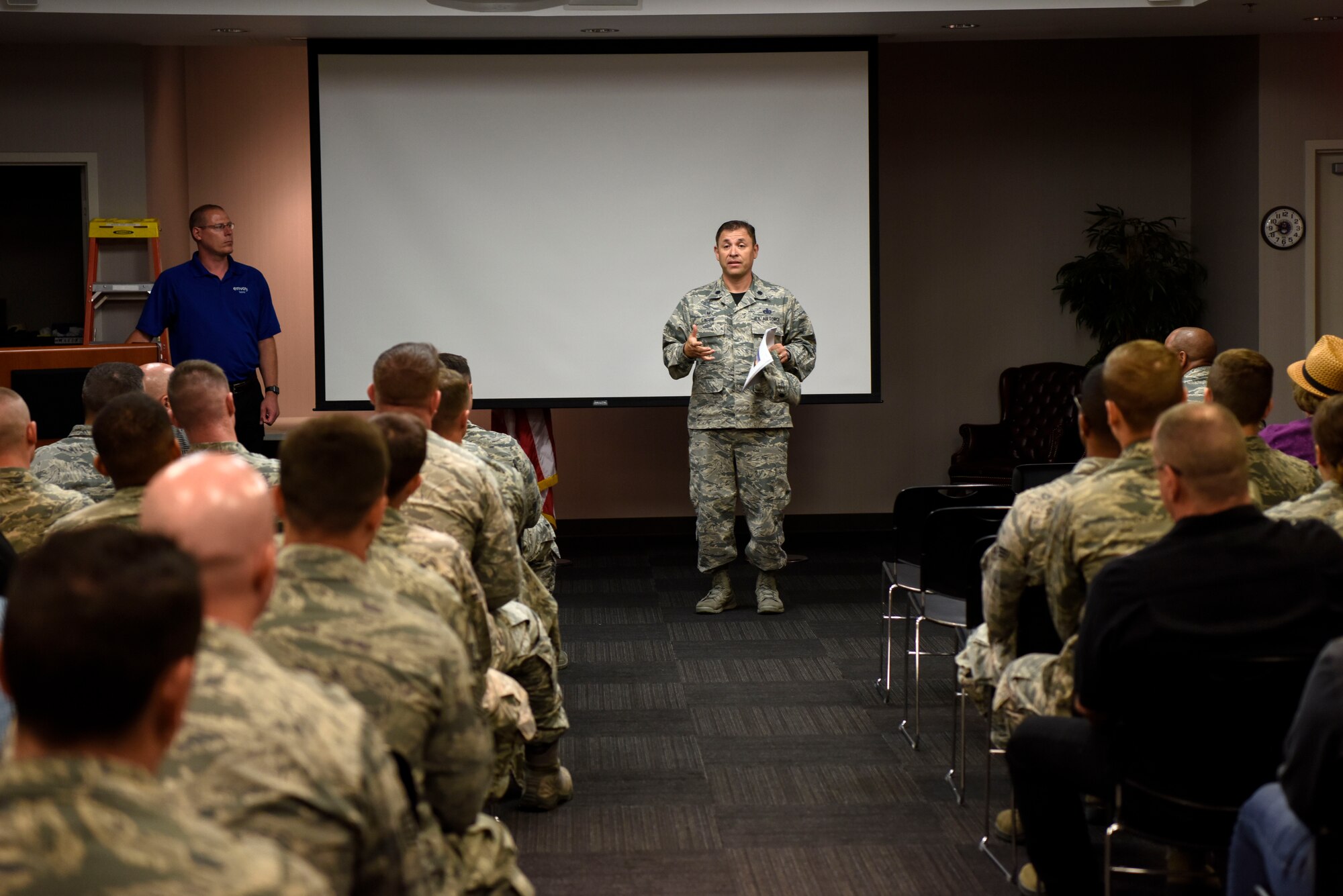 Lt. Col. David Linton, 436th Aerial Port Squadron commander, briefs his Airmen during an operational safety review day May 18, 2018, at Dover Air Force Base, Del. Commander-led forums were conducted to gather feedback from Airmen who execute the Air Force's flying operations and challenge Airmen to identify issues that may cause a future mishap. (U.S. Air Force photo by Airman 1st Class Zoe M. Wockenfuss)