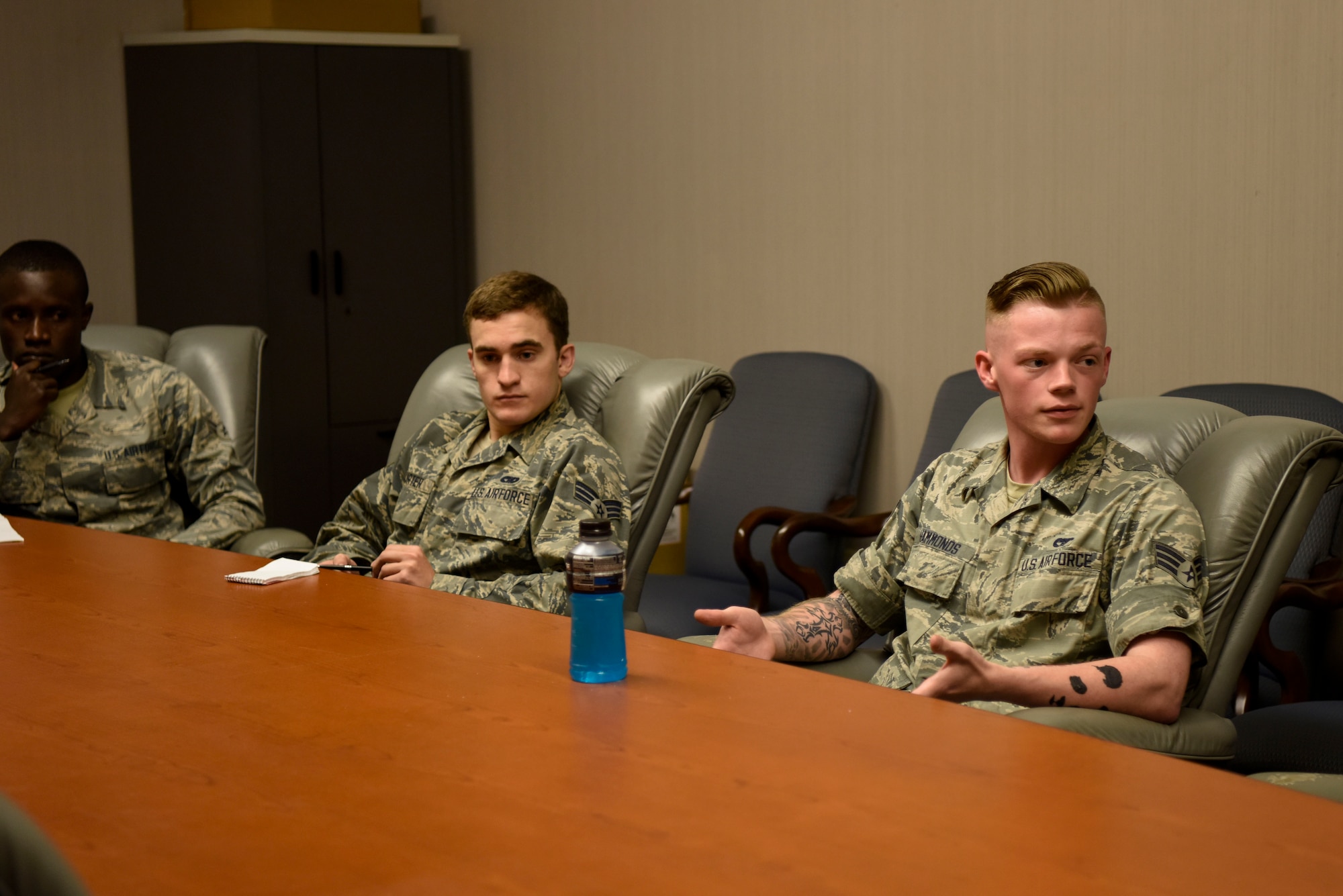 Senior Airman Atticus Hammonds (right), 436th Aerial Port Squadron traffic management specialist, participates in one of several break-out sessions during an operational safety review day May 18, 2018, at Dover Air Force Base, Del. During these sessions, Airmen discussed gaps and seams in current practices that may lead to future mishaps. (U.S. Air Force photo by Airman 1st Class Zoe M. Wockenfuss)