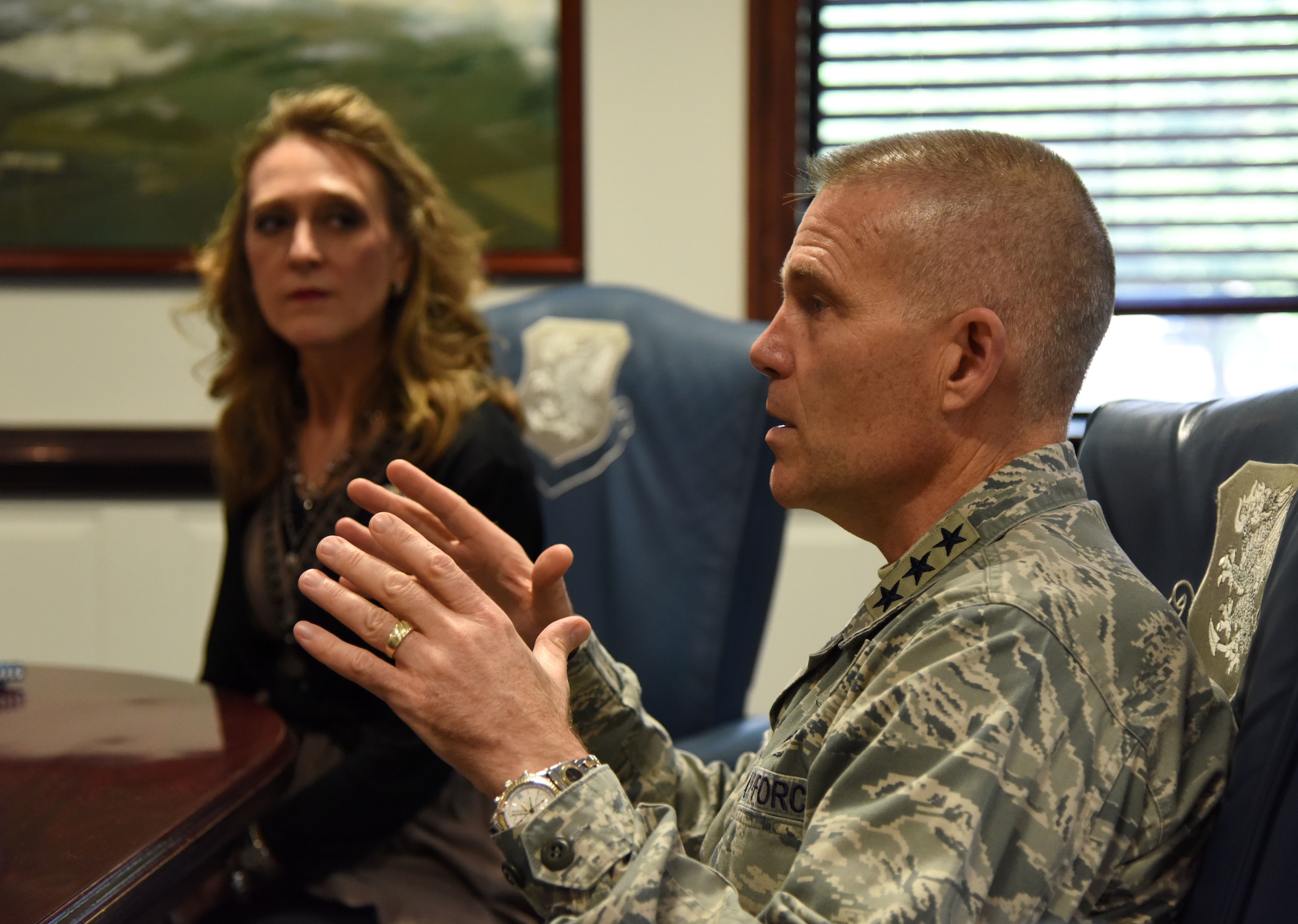 U.S. Air Force Lt. Gen. Steve Kwast, commander of Air Education and Training Command, speaks during a meet and greet session with Keesler’s Key Spouses at the 81st Training Wing headquarters building at Keesler Air Force Base, Mississippi, May 18, 2018. The meeting was held to discuss the key spouse program benefits and how to increase involvement. (U.S. Air Force photo by Kemberly Groue)