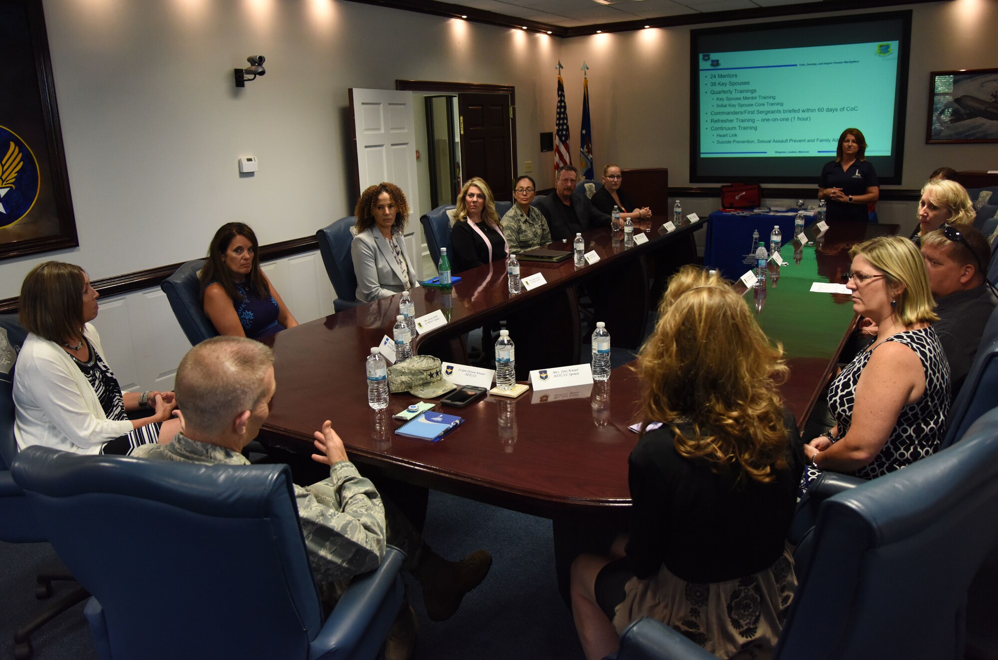 U.S. Air Force Lt. Gen. Steve Kwast, commander of Air Education and Training Command, speaks during a meet and greet session with Keesler’s Key Spouses at the 81st Training Wing headquarters building at Keesler Air Force Base, Mississippi, May 18, 2018. The meeting was held to discuss the key spouse program benefits and how to increase involvement. (U.S. Air Force photo by Kemberly Groue)