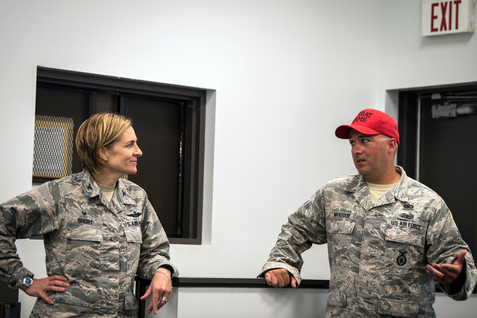 Col. Jennifer Short, 23d Wing commander, listens to a briefing from Tech. Sgt. Brandon Mansour, 23d Security Forces Squadron combat arms instructor, during an immersion tour, May 21, 2018, at Moody Air Force Base, Ga. Short toured the 23d Mission Support Group (MSG) to gain a better understanding of their overall mission, capabilities, and comprehensive duties. Short was able to meet and interact with Airmen from the combat arms training and maintenance as well as the chemical, biological, radiological and nuclear defense sections of the MSG. (U.S. Air Force photo by Airman 1st Class Eugene Oliver)