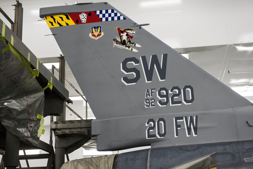 The 20th Fighter Wing commander’s F-16CM Fighting Falcon displays a new tail scheme honoring the Wild Weasel mission.