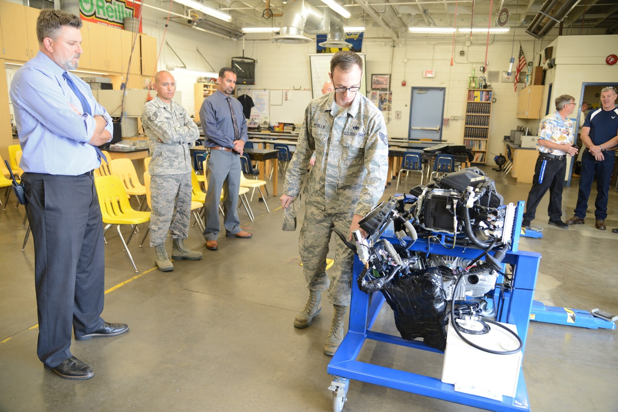 The Lancaster, California, Air Force recruiting office spearheaded the donation of a new 2018 Nissan Leaf engine, which was introduced during a small ceremony at the school May 21. (U.S. Air Force photo by Kenji Thuloweit)