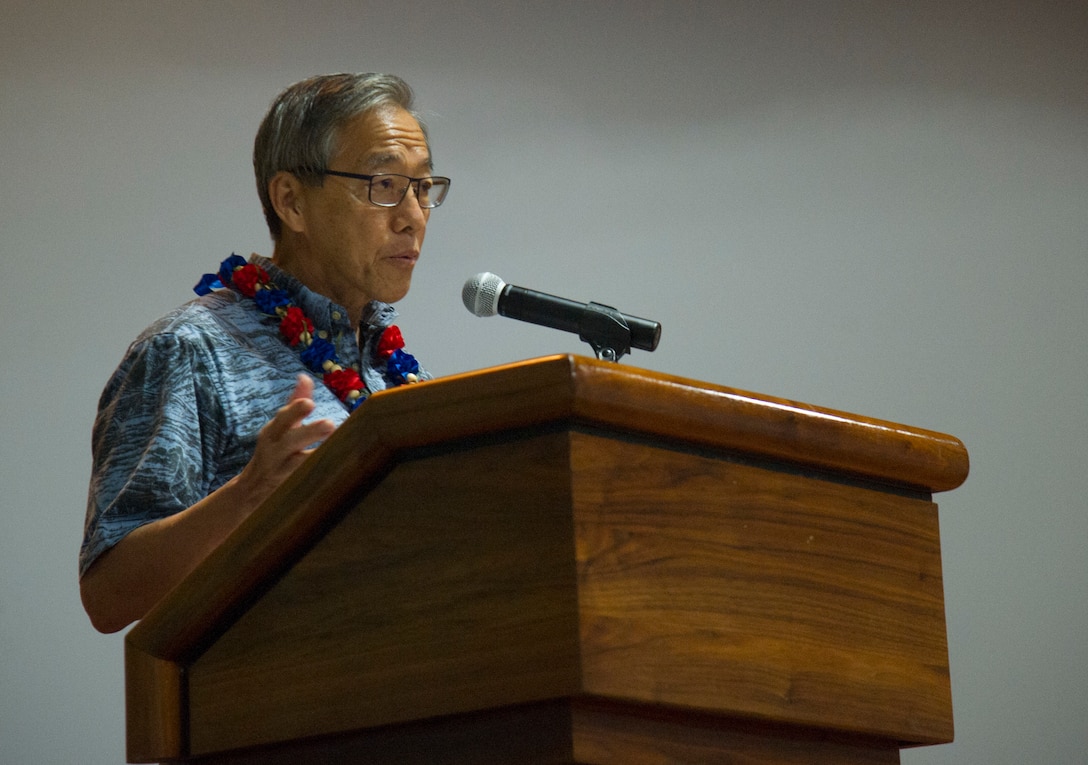 Retired Maj. Gen. Darryll Wong gives the keynote speech during the Joint Force Diversity Committee’s Asian American Pacific Islander Heritage Month observance, Joint Base Pearl Harbor-Hickam, Hawaii, May 17, 2018. The observance was held to celebrate and acknowledge the roles Asian Americans and Pacific Islanders have played throughout history. (U.S. Air Force photo by Tech. Sgt. Heather Redman)