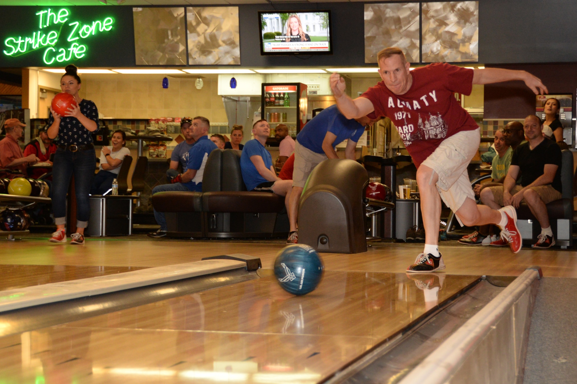 Tech. Sgt. James Strickland, a 302nd Maintenance Squadron aircraft inspector, sends a bowling ball down his team’s lane during the 16th annual 302nd Airlift Wing Bowling Tournament, May 5, 2018, at Peterson Air Force Base, Colorado.