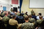 YOKOSUKA, Japan (May 21, 2018) Vice Adm. Phil Sawyer, commander, U.S. 7th Fleet, delivers opening remarks to audience members at a fleet scheduling conference onboard Commander, Fleet Activity Yokosuka.