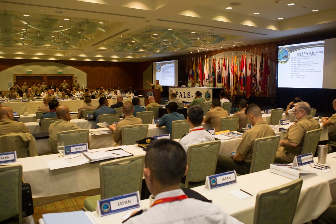 Senior leaders from 22 militaries throughout the Indo-Pacific region gather for the Pacific Amphibious Leaders Symposium (PALS) 2018 in Honolulu, Hawaii, May 22, 2018. The purpose of PALS is to bring together senior leaders of allied and partner militaries with an interest in amphibious operations and capability development in order to foster stability and prosperity in the Indo-Pacific region. (U.S. Marine Corps photo by Cpl. Patrick Mahoney)