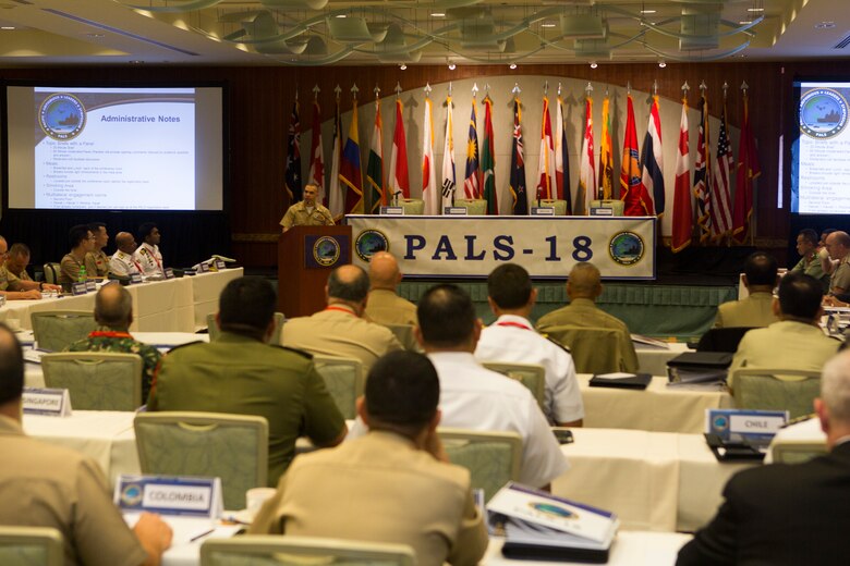 U.S. Marine Corps Col. Nathan Nastase, assistant chief of staff, G-3/5/7 Division, U.S. Marine Corps Forces, Pacific, addresses the attendees of the Pacific Amphibious Leaders Symposium (PALS) 2018 in Honolulu, Hawaii, May 22, 2018.