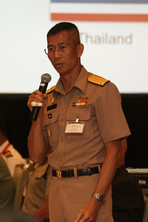 Royal Thai Navy Rear Adm. Chatchai Thongsaard, commander, Amphibious and Combat Service Support Squadron, addresses a panel discussing the value of amphibious operations during the Pacific Amphibious Leaders Symposium (PALS) 2018 in Honolulu, Hawaii, May 22, 2018. PALS brings together senior leaders of allied and partner militaries with significant interest in the security and stability of the Indo-Pacific region to discuss key aspects of maritime/amphibious operations, capability development, crisis response and interoperability. (U.S. Marine Corps photo by Cpl. Patrick Mahoney)