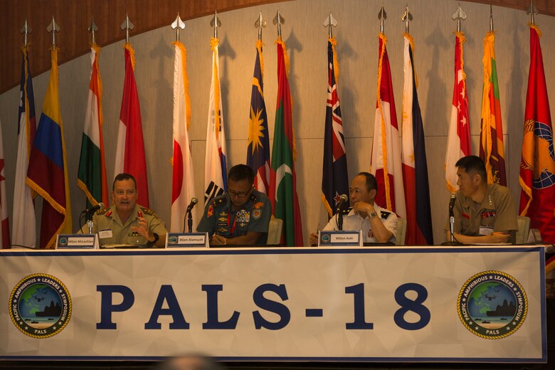 Senior Leaders from the Indo-Pacific region sit on a panel discussing the value of amphibious operations during the Pacific Amphibious Leaders Symposium (PALS) 2018 in Honolulu, Hawaii, May 22, 2018.