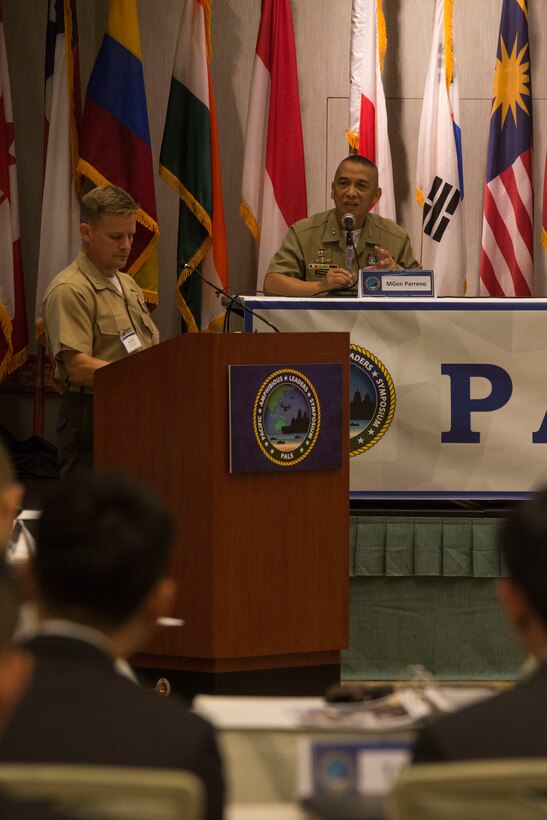 Philippine Marine Corps Maj. Gen. Alvin Parreno, commandant, Philippine Marine Corps, speaks about logistics support to amphibious operations during the Pacific Amphibious Leaders Symposium (PALS) 2018 in Honolulu, Hawaii, May 22, 2018.