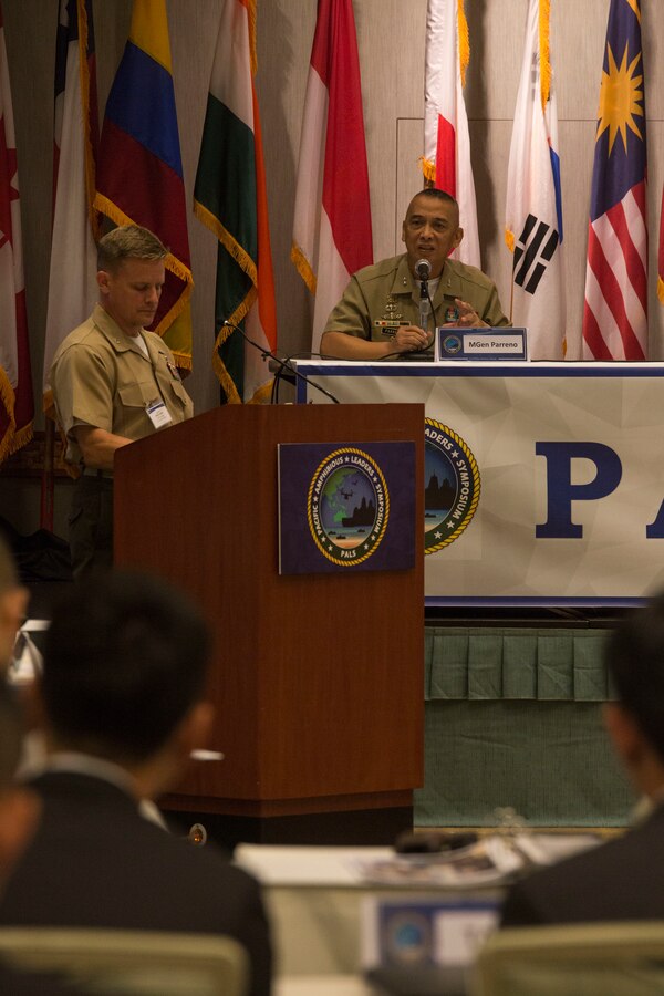 Philippine Marine Corps Maj. Gen. Alvin Parreno, commandant, Philippine Marine Corps, speaks about logistics support to amphibious operations during the Pacific Amphibious Leaders Symposium (PALS) 2018 in Honolulu, Hawaii, May 22, 2018. PALS brings together senior leaders of allied and partner militaries with significant interest in the security and stability of the Indo-Pacific region to discuss key aspects of maritime/amphibious operations, capability development, crisis response, and interoperability. (U.S. Marine Corps photo by photo Cpl. Makenzie Fallon)