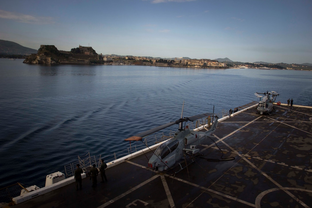 The San Antonio-class amphibious transport dock USS New York departs Corfu, Greece, May 21, 2018. New York, since departing its home port of Mayport, Florida, has been providing a forward naval presence that supports maritime security operations, crisis response and theater security cooperation in European, Africa, and Middle Eastern theaters.