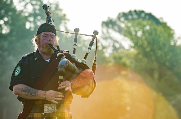 Tim Macleod, ceremonial bagpipes player, performs during the National Police Week opening ceremony at Joint Base Langley-Eustis, Virginia, May 14, 2018.