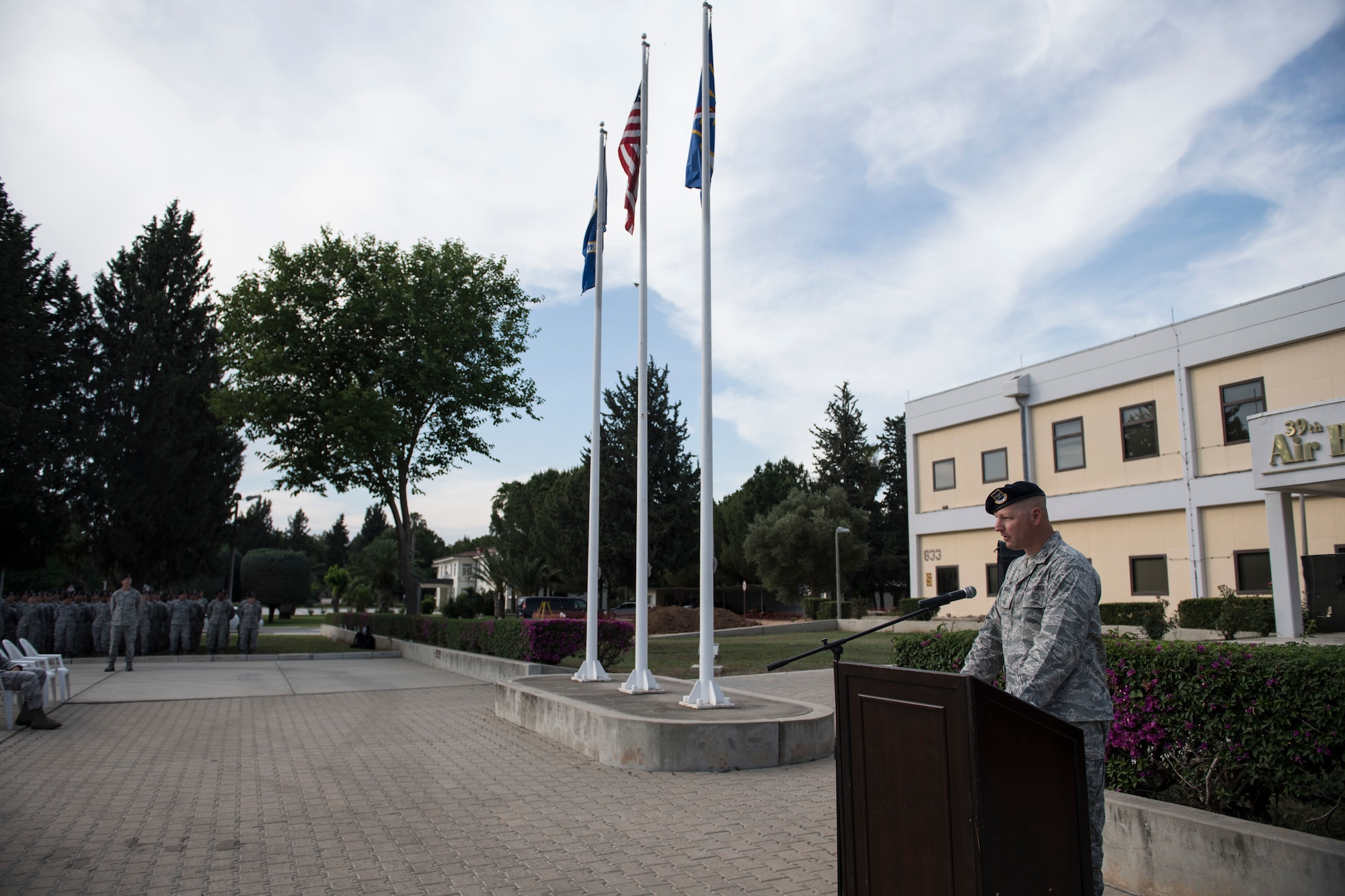 U.S. Air Force Commander speaking at retreat ceremoy