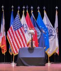 In lieu of the actual bronze statue located at Fort Eustis’ Magnolia Park, a Bronze Cross Memorial table display is set up at the center of the stage at Wylie Theater during the Bronze Cross Memorial and Wreath Laying Ceremony at Joint Base Langley-Eustis, Virginia, May 19, 2018. The display represents the traditional battle cross, showing a Soldier’s helmet perched on a rifle and flanked by a pair of combat boots. (U.S. Air Force photo by Beverly Joyner)