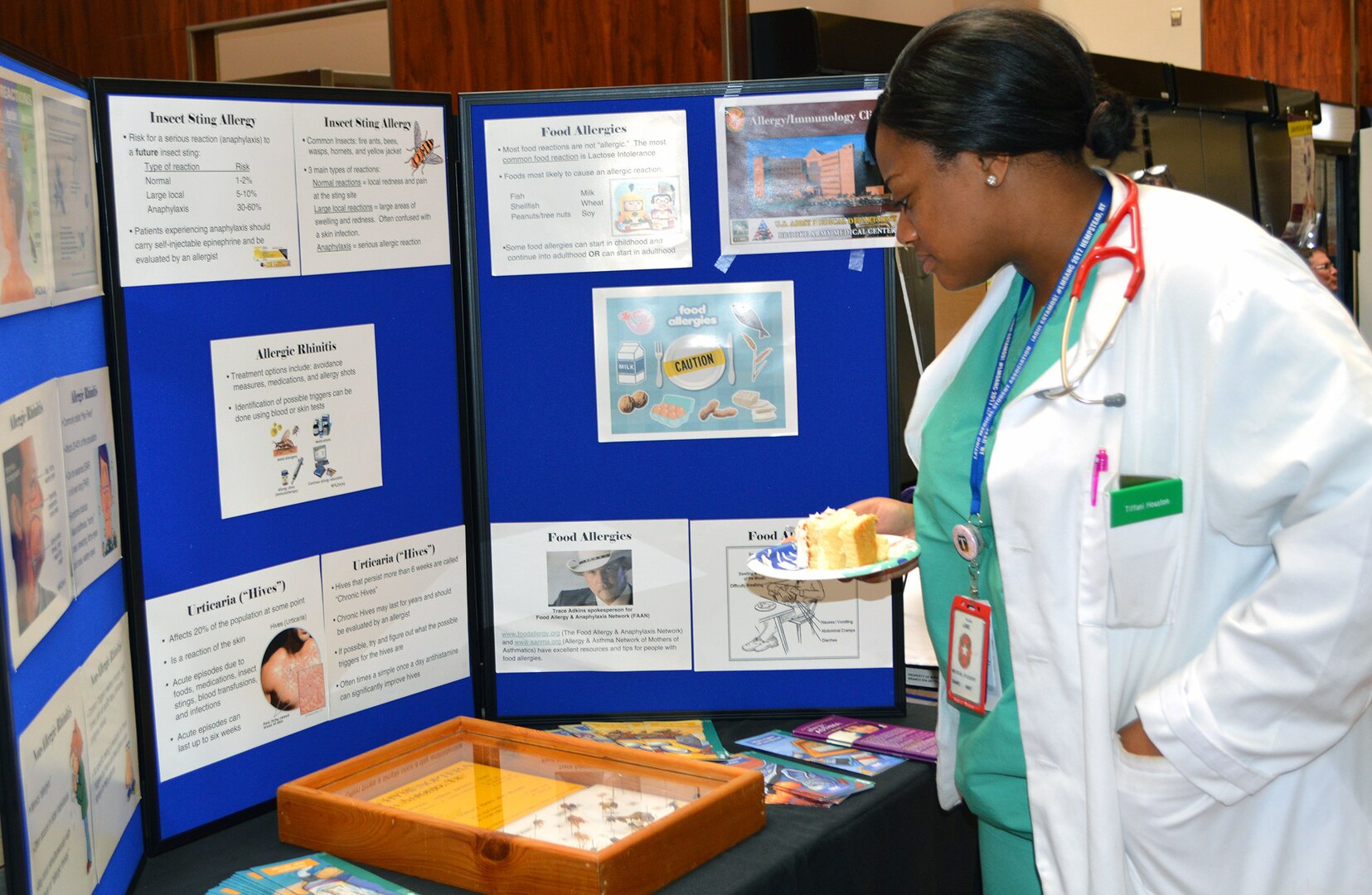 Medical student Tiffani Houston learns about food and insect allergies during the Brooke Army Medical Center Women’s Health Fair May 19 in the hospital’s Medical Mall.
