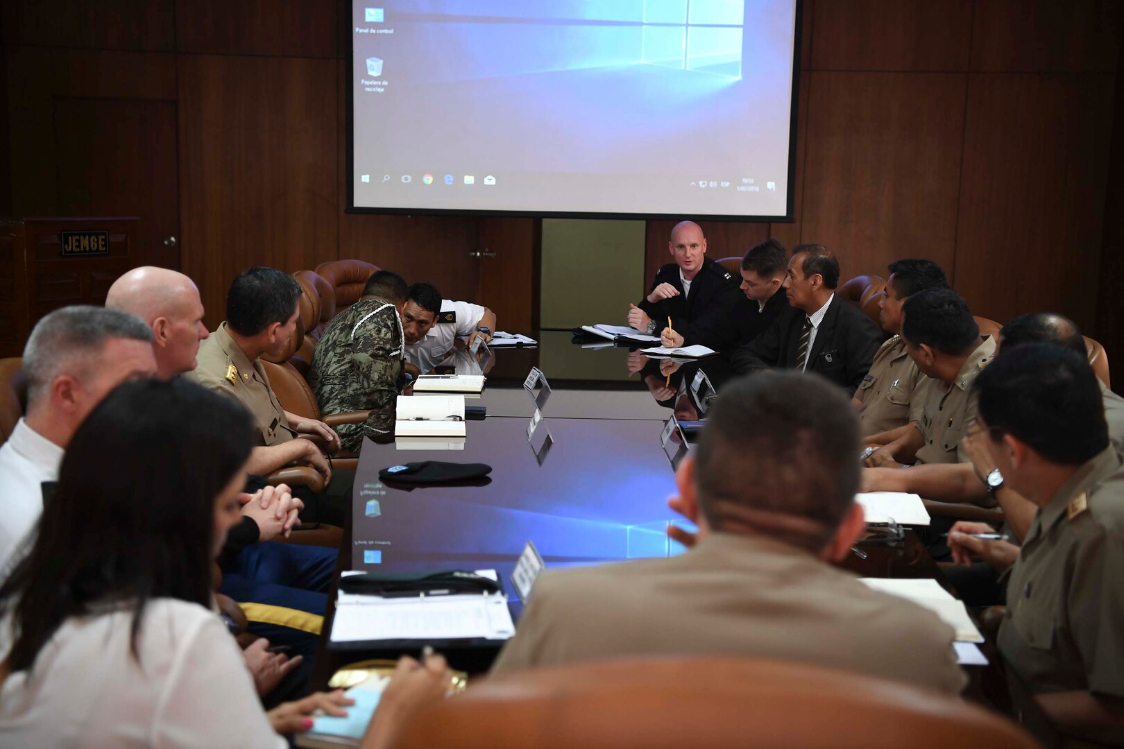 Capt. Joe Reppert, West Virginia National Guard Traditional Commanders Activities (TCA) coordinator at the U.S. Embassy Peru, discusses potential engagements with the Peruvian Army during a meeting held Feb. 1, 2018, in Lima, Peru, as a part of key leader engagement for the State Partnership Program. The WVNG and Peruvian Army and Air Force have been partners through the National Guard Bureau’s SPP program since 1996.