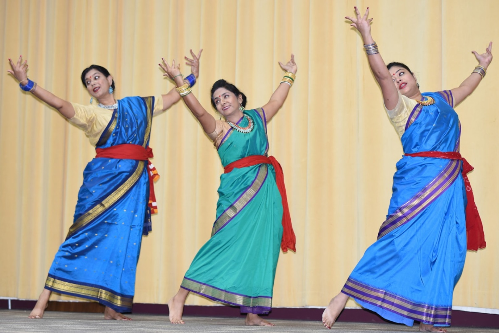 Sonali Sarkar, Saheli Datta and Pampa Bhattacharya performing a dance from the state of West Bengal at the Asian American and Pacific Islander Heritage Month Commemoration for Joint Base San Antonio at Blesse Auditorium at JBSA-Fort Sam Houston May 22.