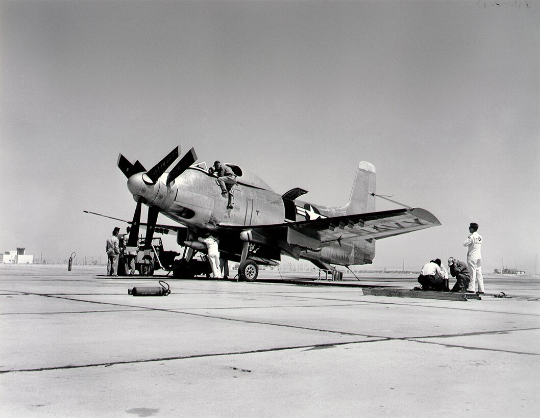 #OTD 26 May 1950 at Edwards - The Douglas XA2D-1 Skyshark, an experimental turboprop-powered version of the company’s AD-1 Skyraider, made its first flight, flown by George Jansen. The aircraft’s turboprop engine transmitted power to two large counterrotating three-bladed propellers through a complicated gearbox.