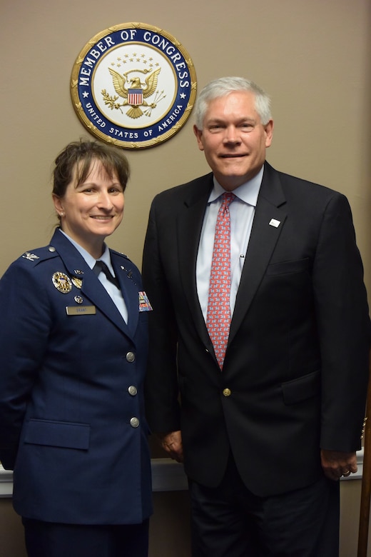 Col. Jennifer Grant, commander of the 50th Space Wing, meets with Texas Representative Pete Sessions during a Capitol Hill visit in Washington, May 17, 2018.  Grant engaged several House and Senate officials to help them better understand her wing’s role in ensuring the Air Force’s continued space superiority.  (U.S. Air Force photo by Jennifer Thibault)