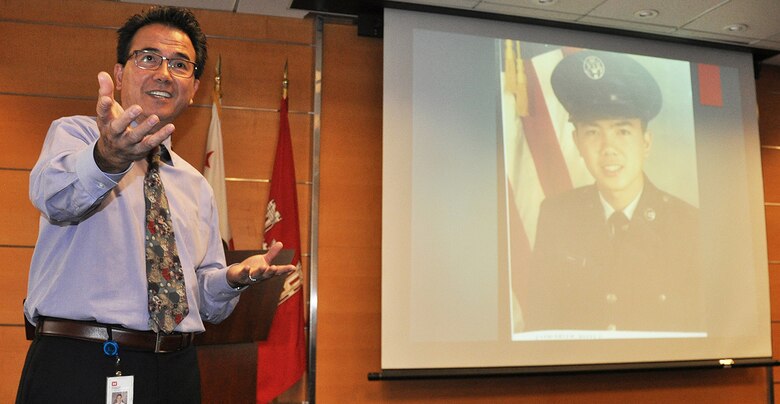 Ed De Mesa, chief of the Planning Division for the LA District, talks about growing up as a child in the Philippines, immigrating to the U.S. as a young adult and joining the U.S. Air Force during the U.S. Army Corps of Engineers Los Angeles District’s Asian American/Pacific Islander Heritage Month Observance May 22 at the District headquarters in downtown LA.