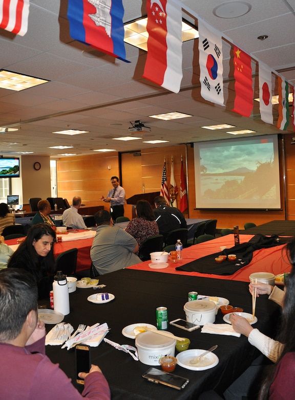 U.S. Army Corps of Engineers Los Angeles District’s employees listen to Ed De Mesa speak about growing up as a child in the Philippines and immigrating to the U.S. as a young adult during the U.S. Army Corps of Engineers Los Angeles District’s Asian American/Pacific Islander Heritage Month Observance May 22 at the District headquarters in downtown LA.