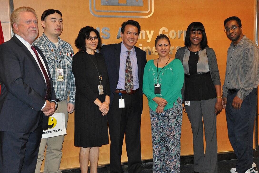 U.S. Army Corps of Engineers Los Angeles District employees who helped with the District’s Asian American/Pacific Islander Heritage Month Observance May 22 pose for a picture following the ceremony at the District headquarters in downtown LA. From left to right, are Don Lank, Michael Lieu, Suneeta Sahgal, Ed De Mesa, Portia Pham, Jessie Meadows and David Myles.