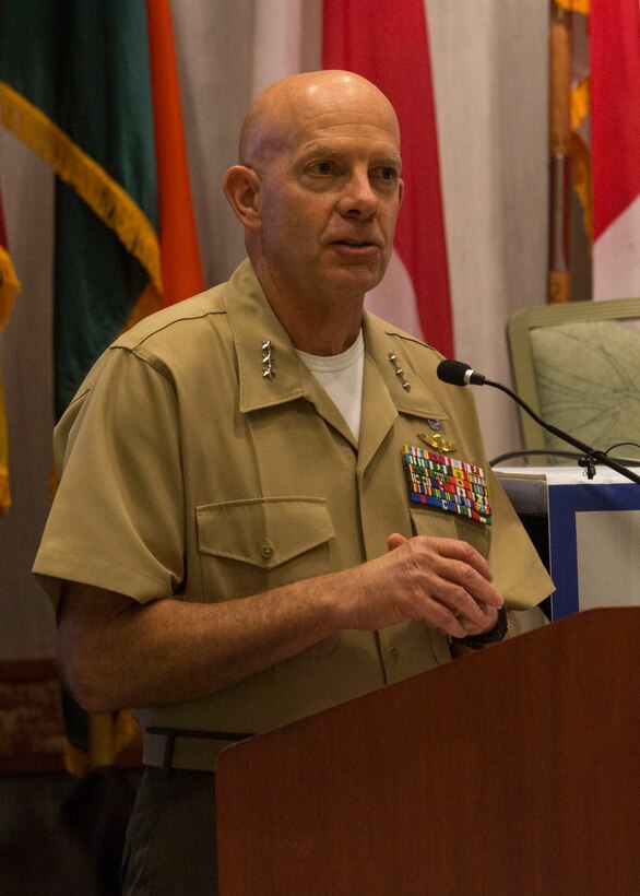 U.S. Marine Corps Lt. Gen. David H. Berger, commander, U.S. Marine Corps Forces, Pacific, speaks during the Pacific Amphibious Leaders Symposium (PALS) 2018 in Honolulu, Hawaii, May 22, 2018.