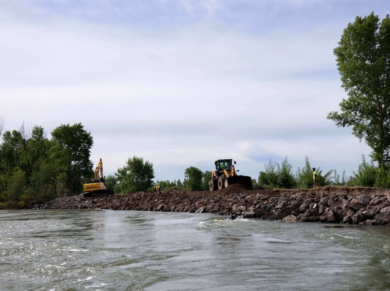 USACE contractors wrap up emergency repairs May 22, 2018, to stabilize an eroded section of the Heise-Roberts Levee near Lorenzo, Idaho.
